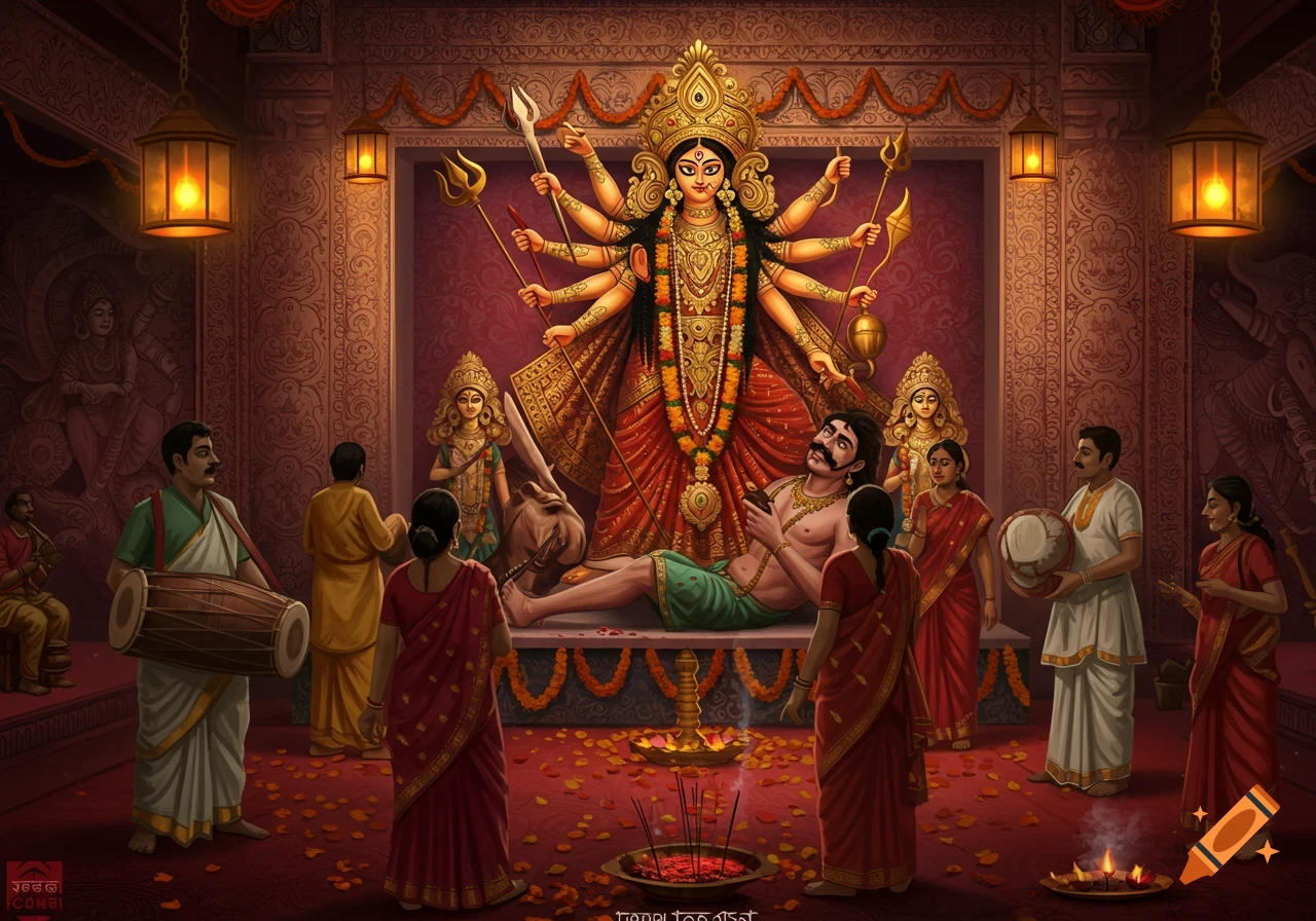 Colorful artwork of multi-armed Goddess Durga in a richly decorated temple, surrounded by devotees celebrating Durga Puja.