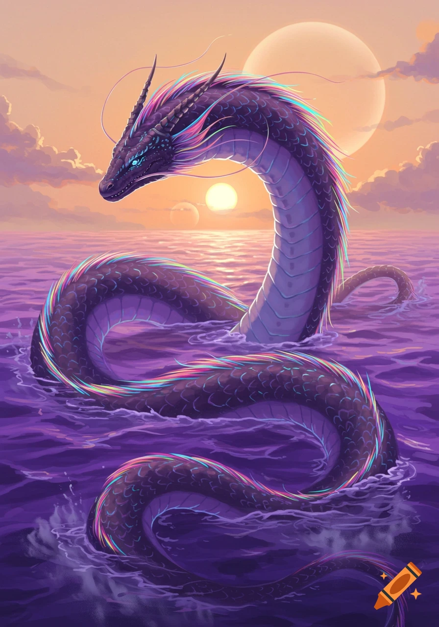 A majestic purple dragon-like sea eel with multicolored bioluminescent stripes coils in a vibrant purple sea under an orange sky with two suns.