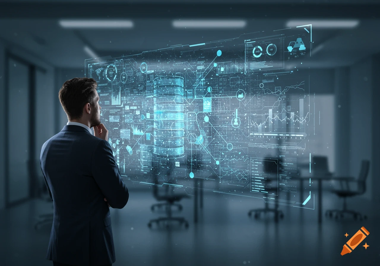 Man in a suit viewing a holographic data display in a modern office.