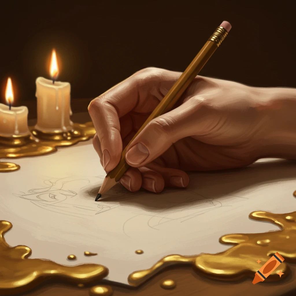 A hand holding a pencil sketches on paper, illuminated by two glowing candles with melting wax on a dark surface.