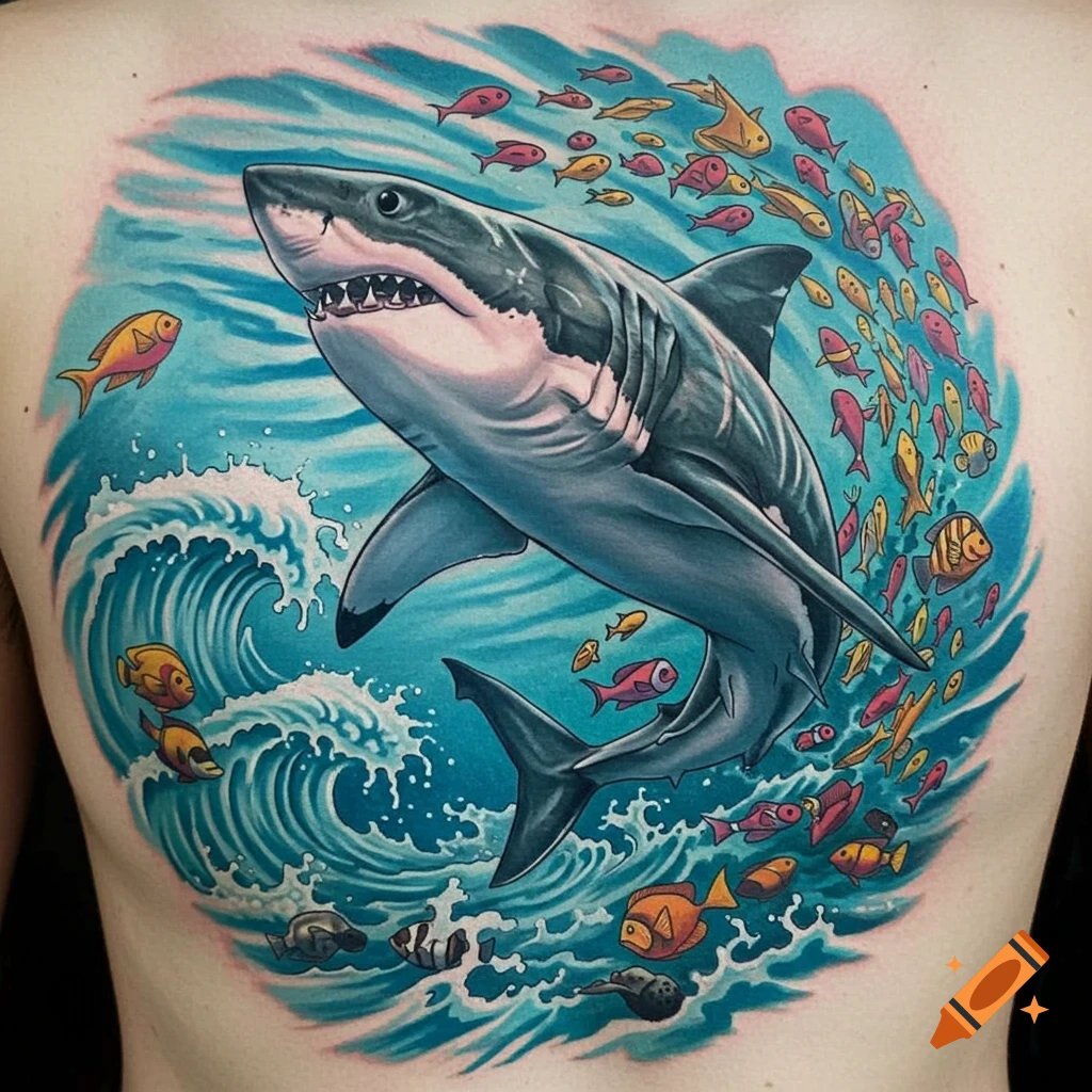 Colorful tattoo of a great white shark swimming through ocean waves surrounded by small fish.