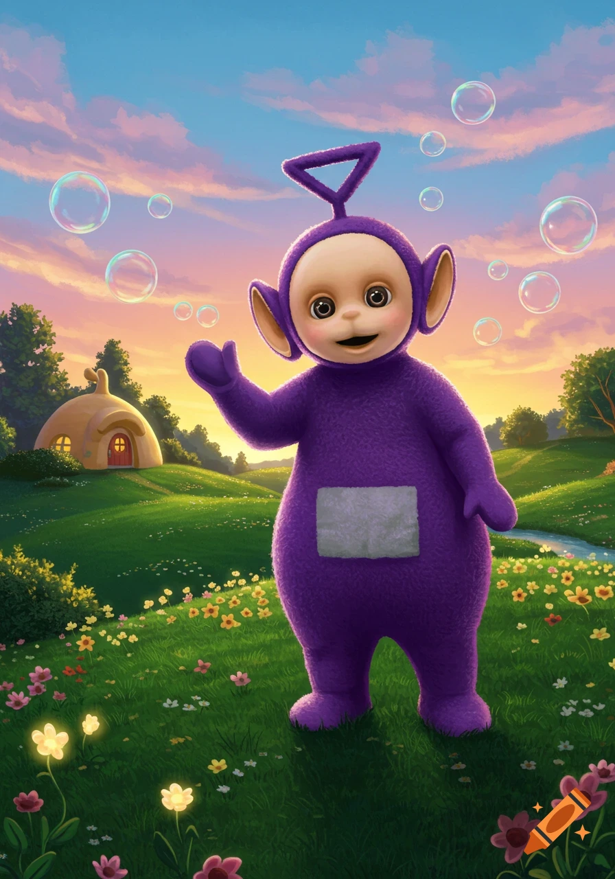 Purple Teletubby Tinky Winky stands in a colorful meadow with flowers, blowing bubbles at sunset with a dome house nearby.