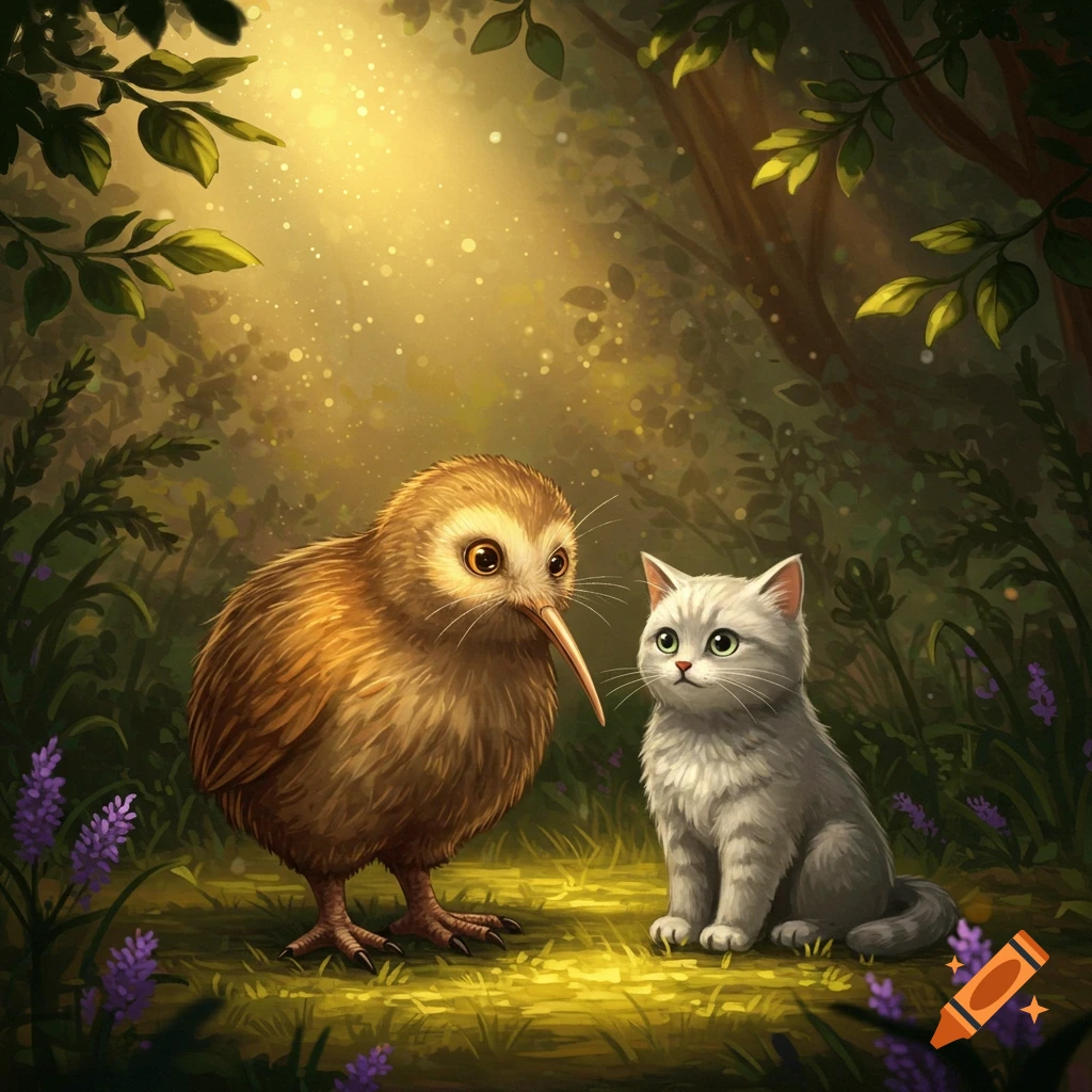 An illustration of a fluffy brown kiwi bird and a white cat sitting together in a sunlit forest with purple flowers.