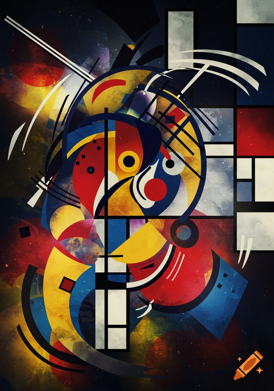 Abstract painting with bold geometric and organic shapes in primary colors against a dark, textured background.