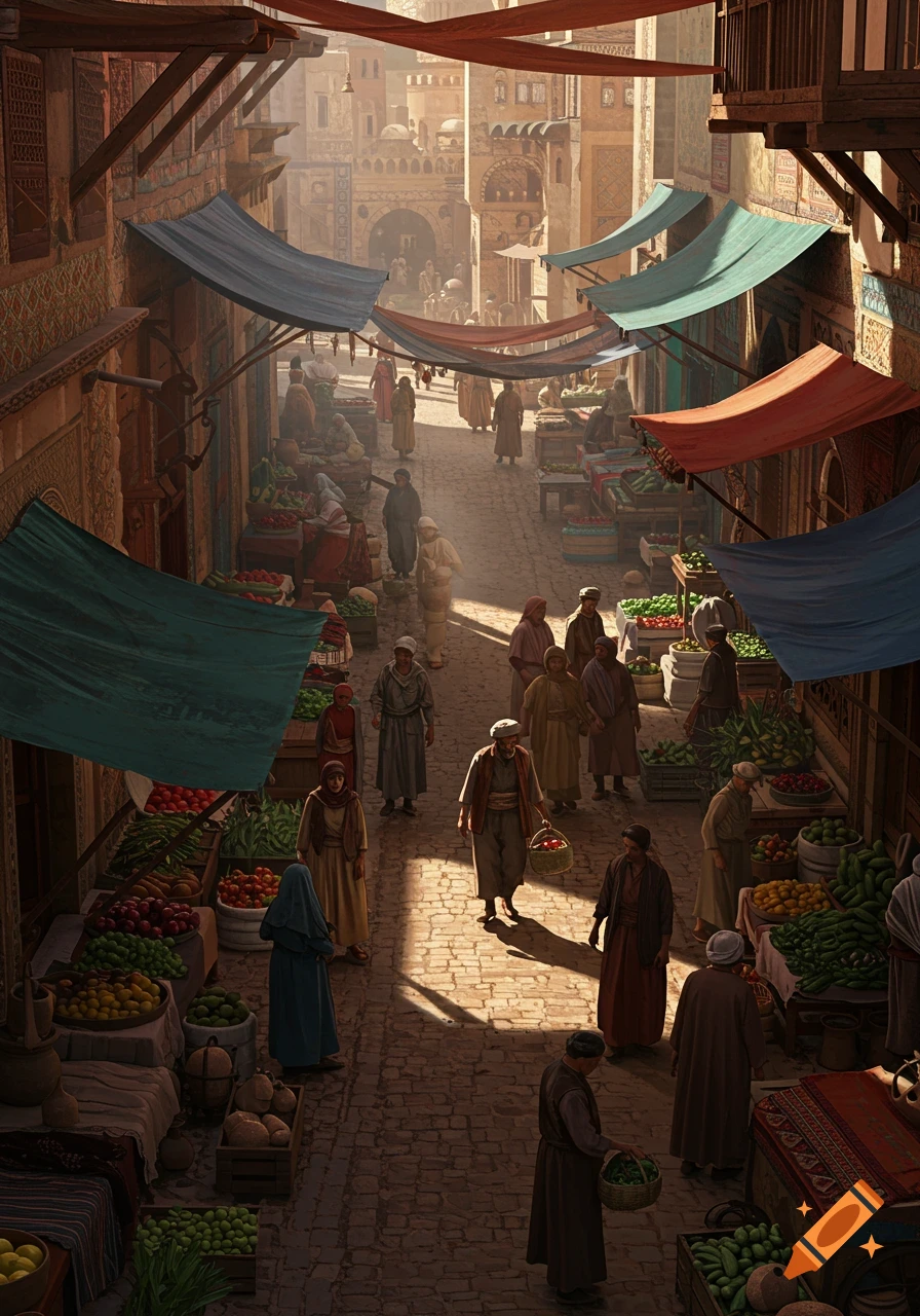 A bustling market street in a historic city, filled with people, merchant stalls under awnings, and an arched gateway in the distance.