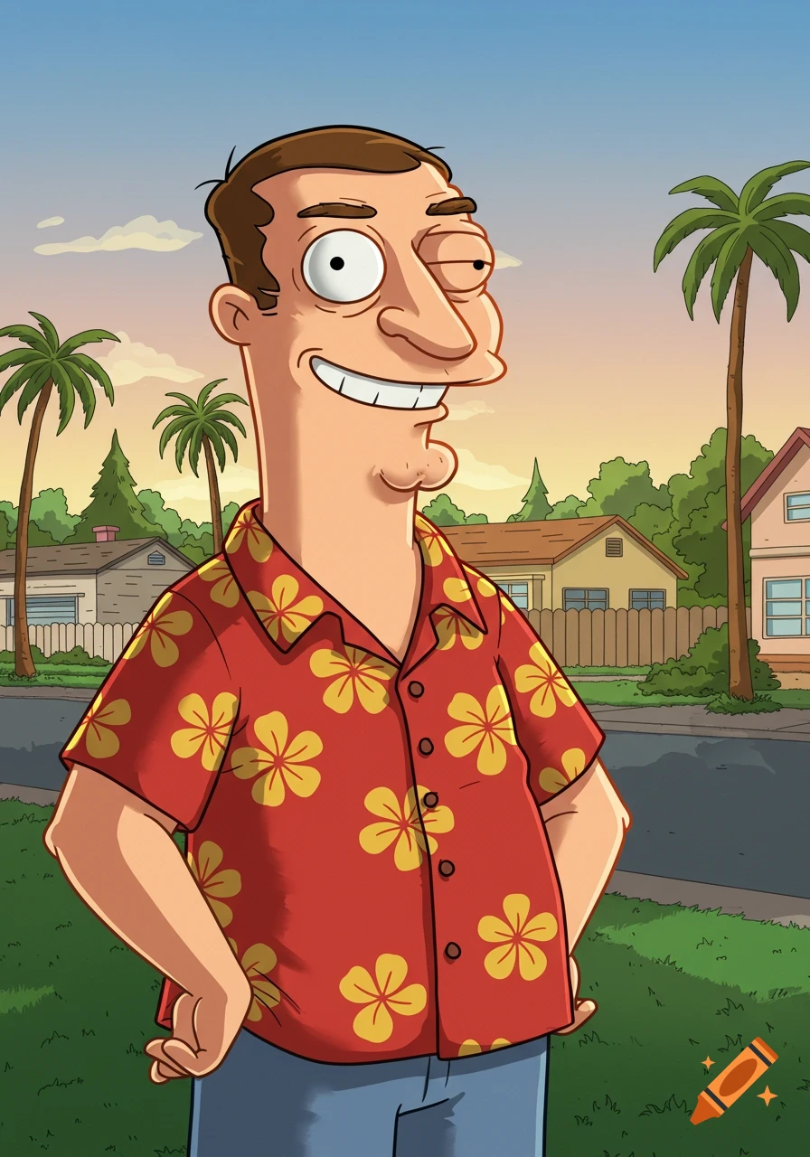 A cartoon man resembling Glenn Quagmire from Family Guy, wearing a red Hawaiian shirt, smiles in a suburban neighborhood.