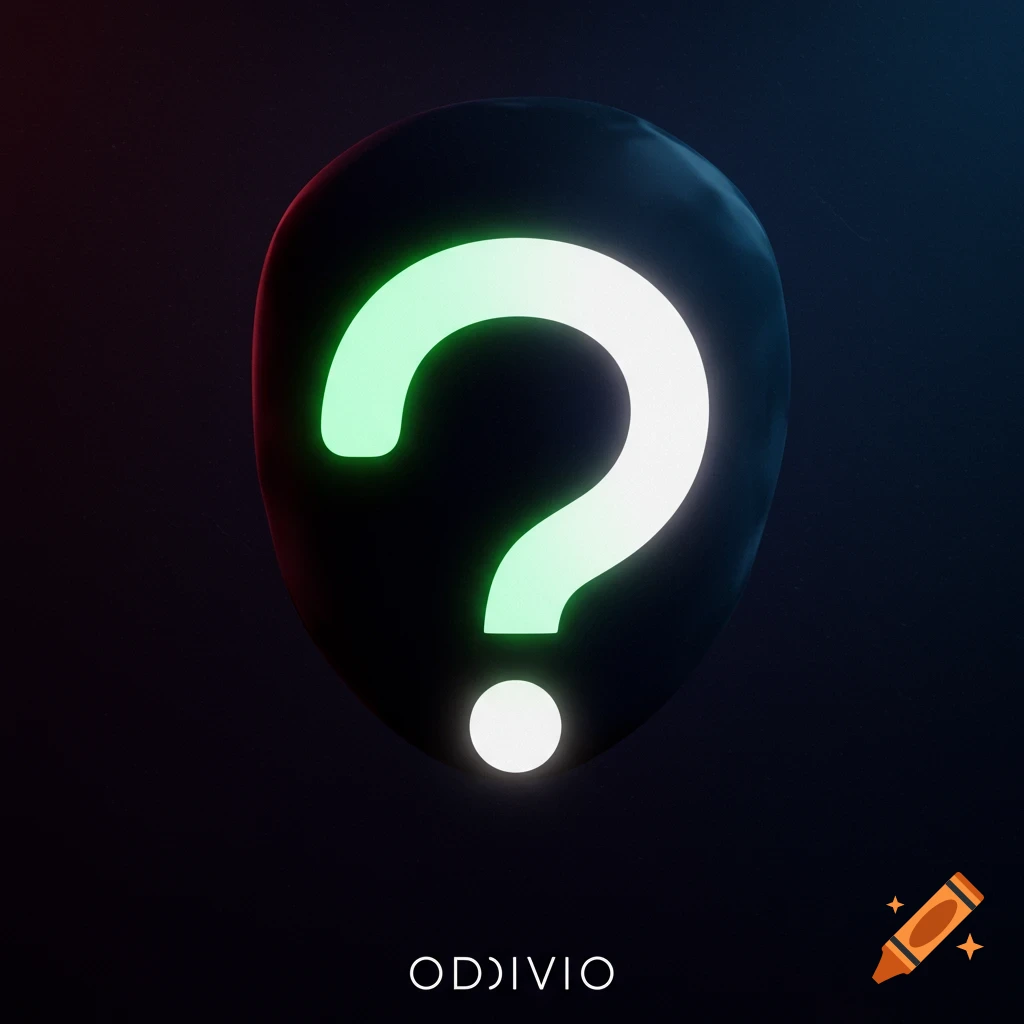 A glowing neon green and white question mark against a dark, textured background, with 'ODDIVIO' text below. Minimalist digital art.