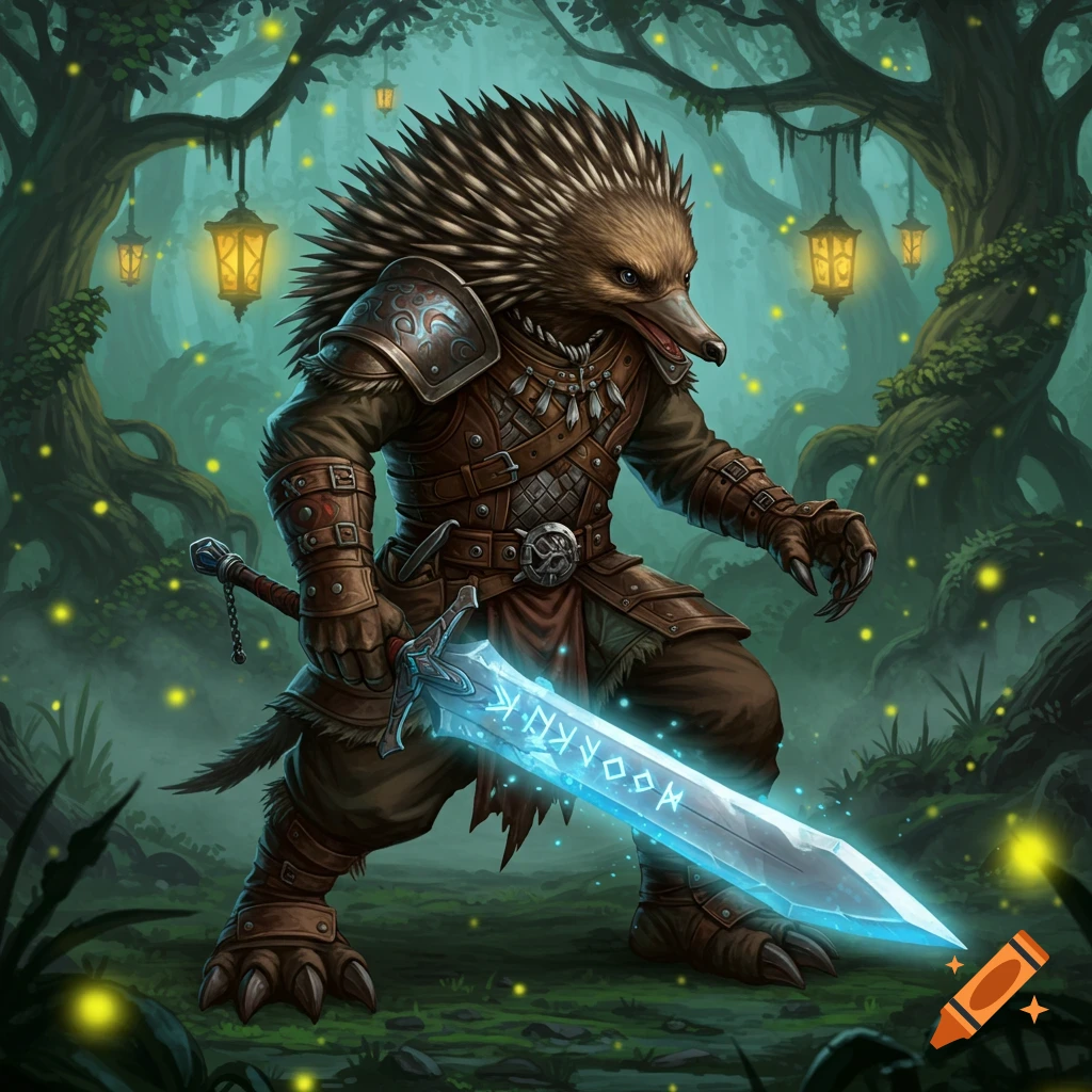 An anthropomorphic echidna warrior in leather armor holds a glowing runic sword in a magical forest with lanterns. Detailed fantasy illustration.
