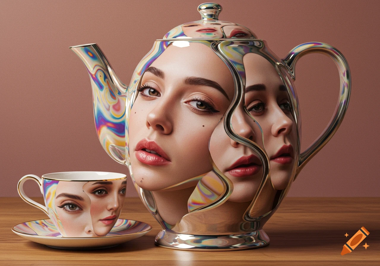 A surreal still life featuring a silver teapot and teacup with iridescent reflections, their surfaces warped into distorted female faces.
