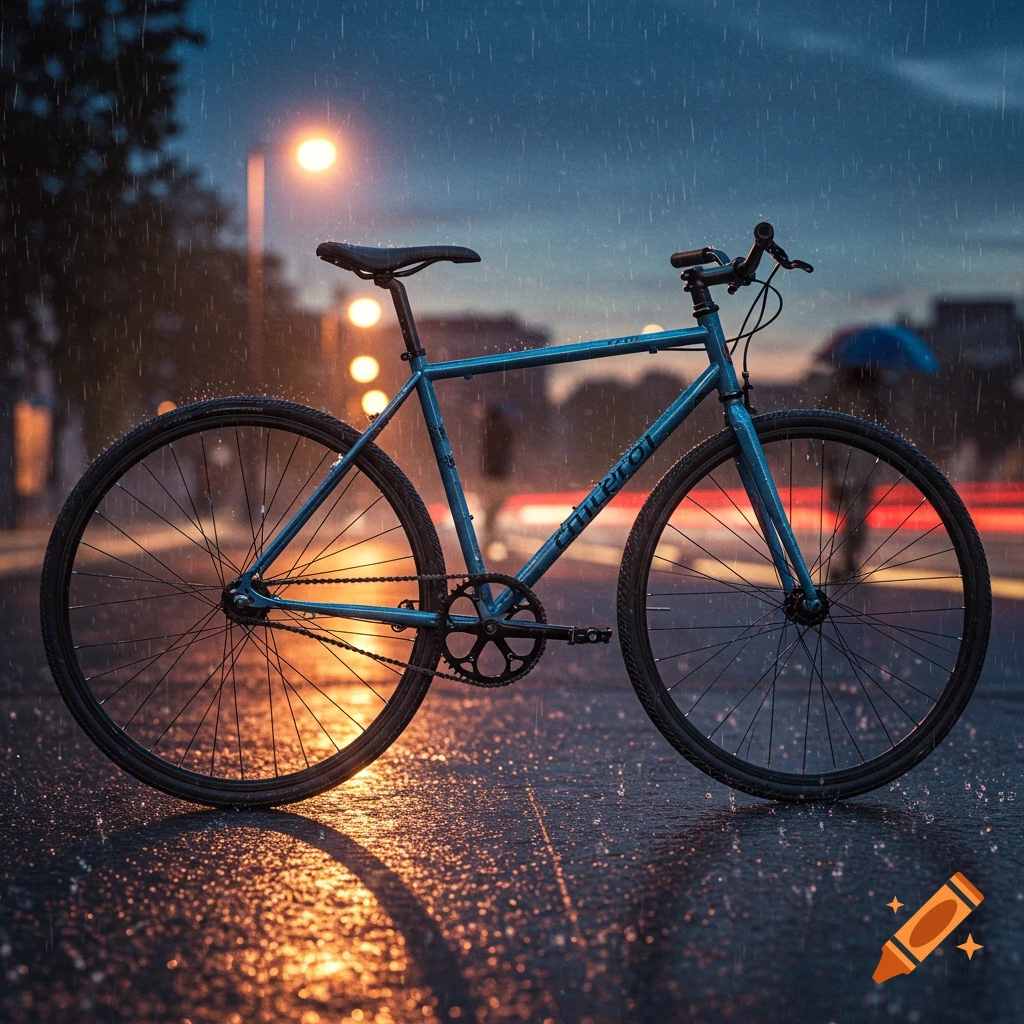 A blue bicycle parked on a wet street at night, illuminated by streetlights and falling rain.