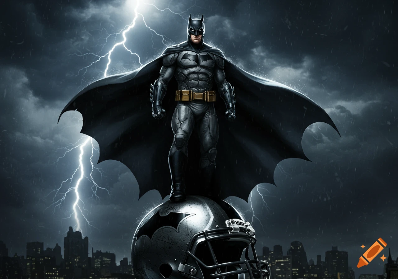 Batman in a grey and black suit stands atop a metallic football helmet with a Bat-symbol, lightning strikes behind him in a stormy sky above a city.