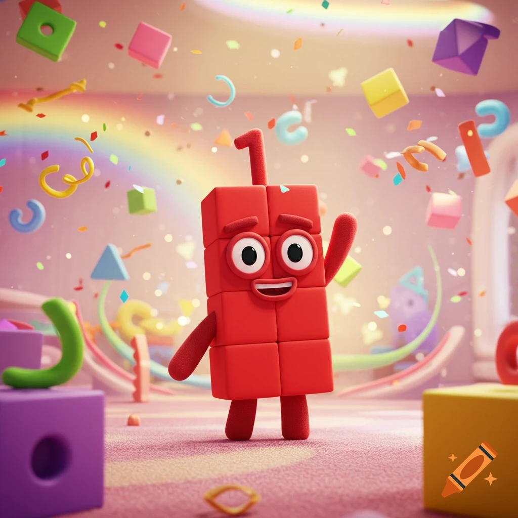 The red Numberblock One character celebrates in a colorful room filled with confetti and educational blocks.