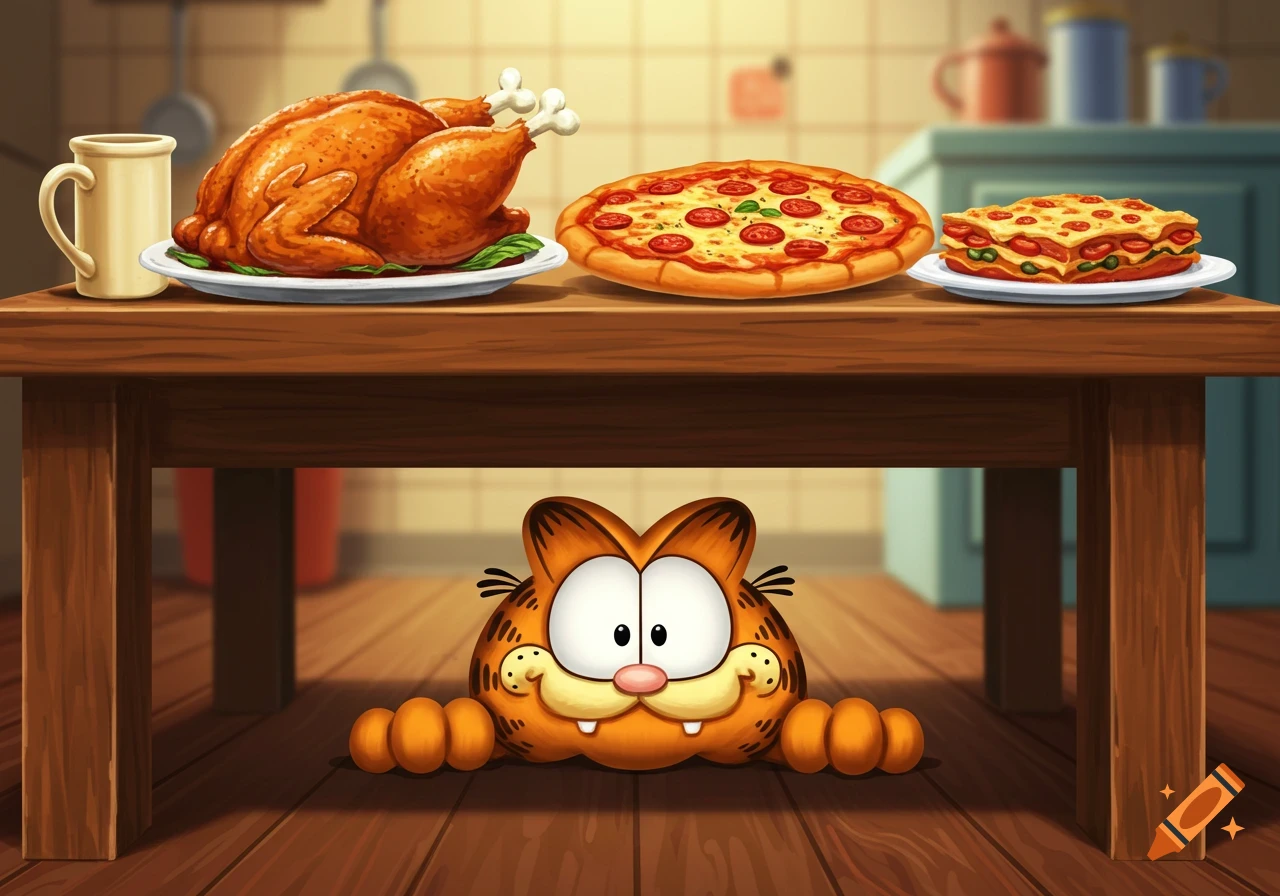 A cartoon Garfield peeking from under a wooden kitchen table, eyes wide, looking at a feast of roast chicken, pizza, and lasagna.
