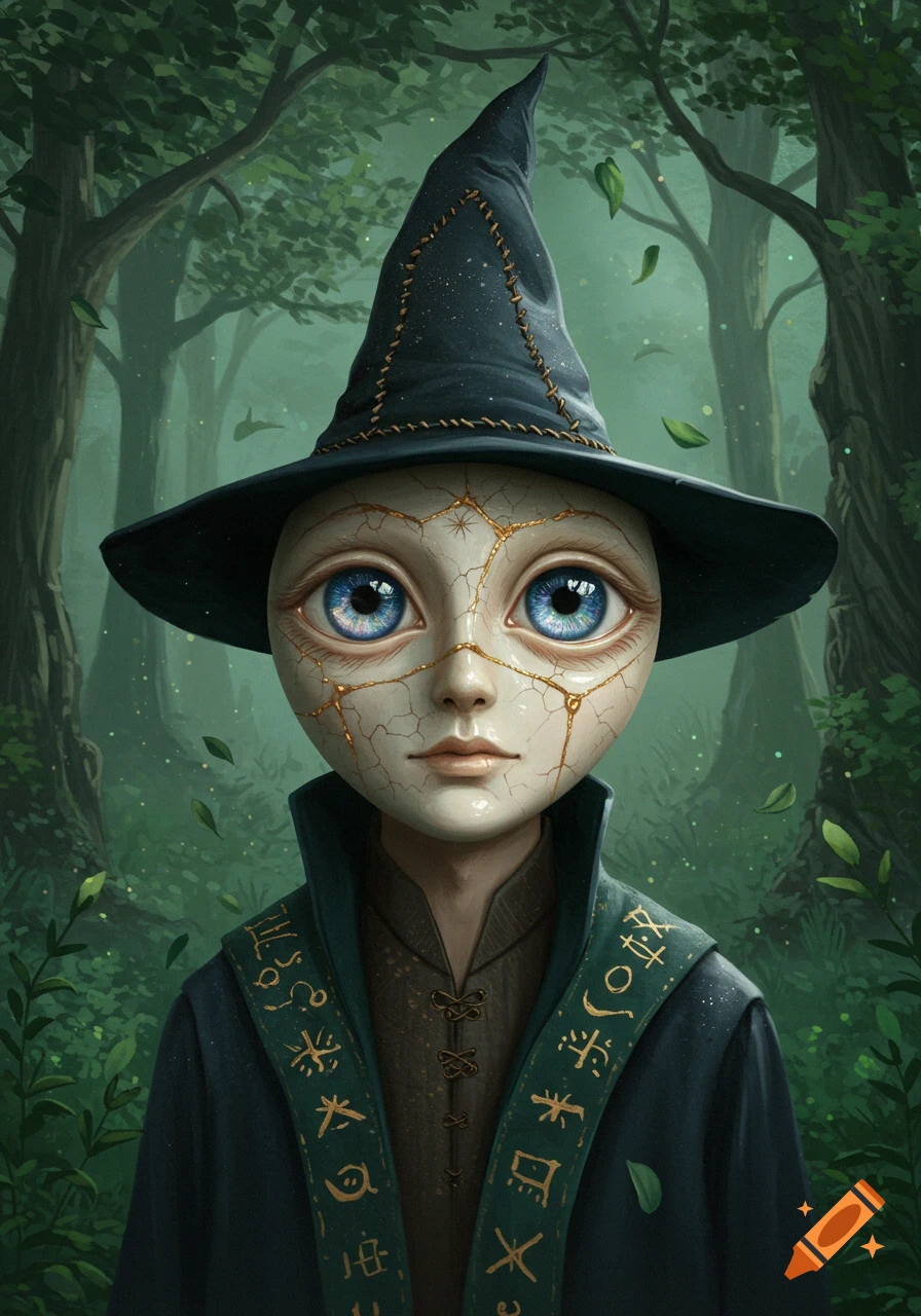 A porcelain-skinned wizard with large blue eyes and gold kintsugi cracks on its face wears a pointed hat and a robe with decorative symbols, standing in a forest.