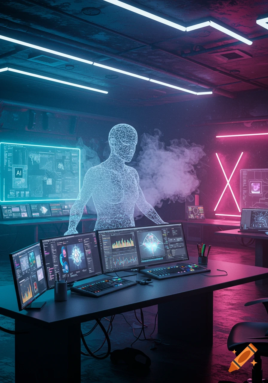 A futuristic control room with a glowing wireframe AI figure, surrounded by monitors displaying data and graphs, in a cyberpunk style.