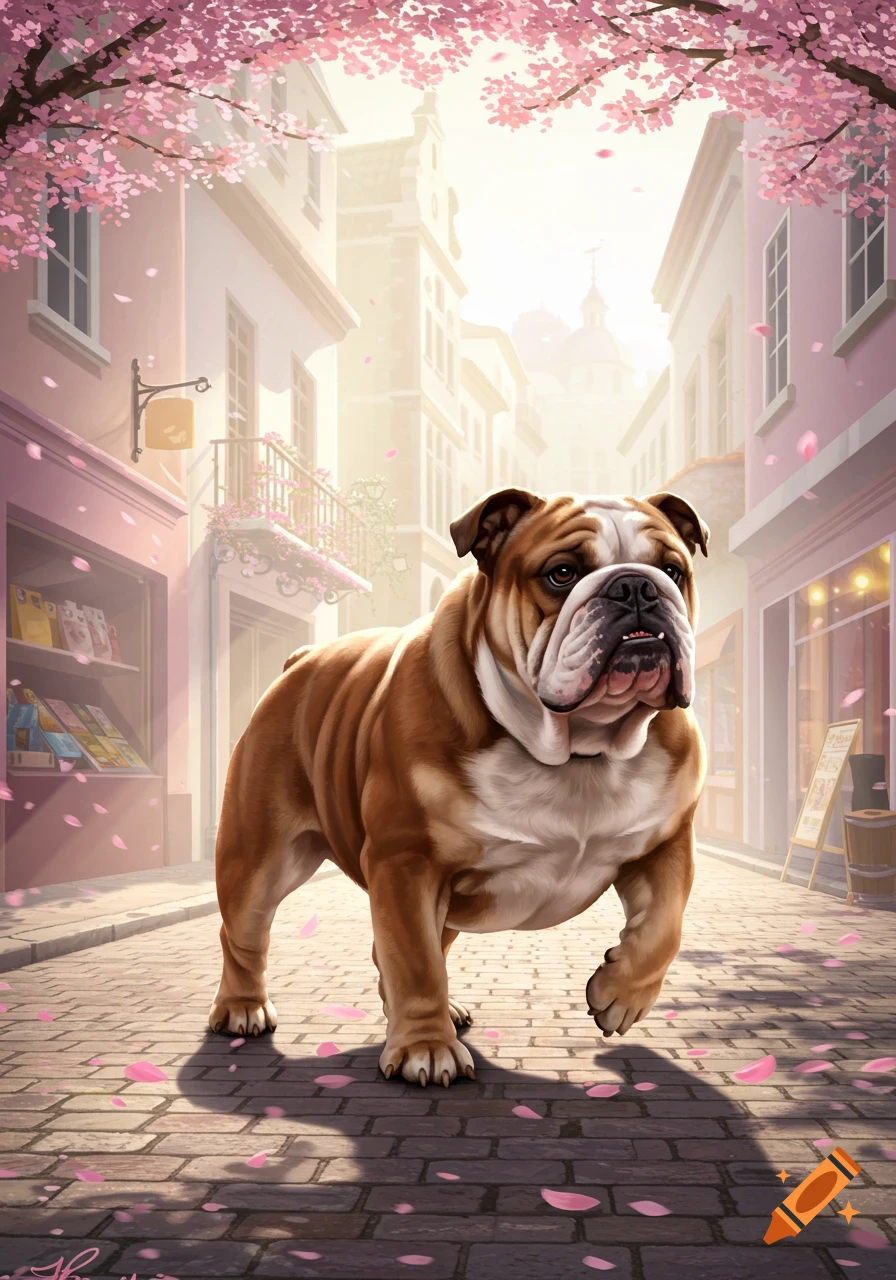A brown and white bulldog walks on a cobblestone street lined with buildings, with pink cherry blossoms falling from overhead trees.