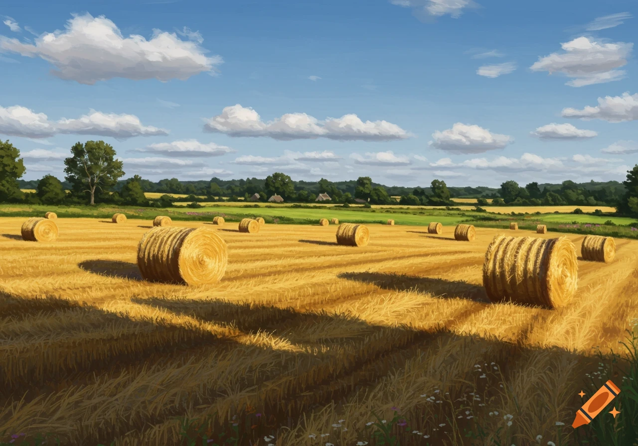 Painterly landscape of a golden hay field with many round bales under a bright blue sky with white clouds.