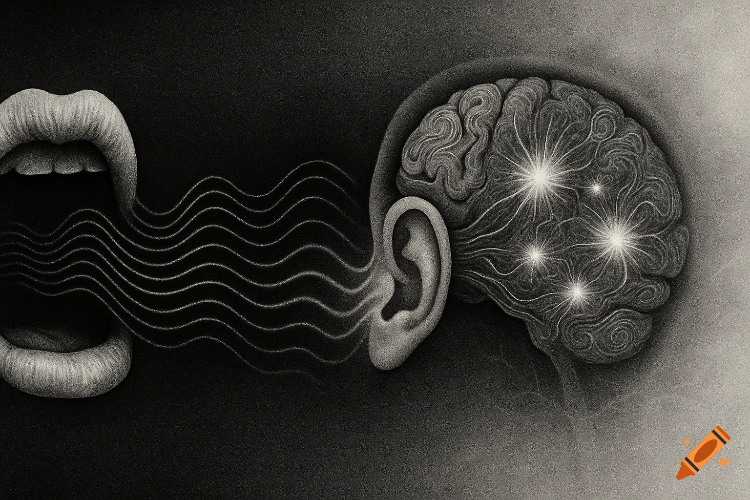 Black and white illustration of sound waves emanating from a mouth, entering an ear, and depicted as electrical impulses in a brain with glowing spots.
