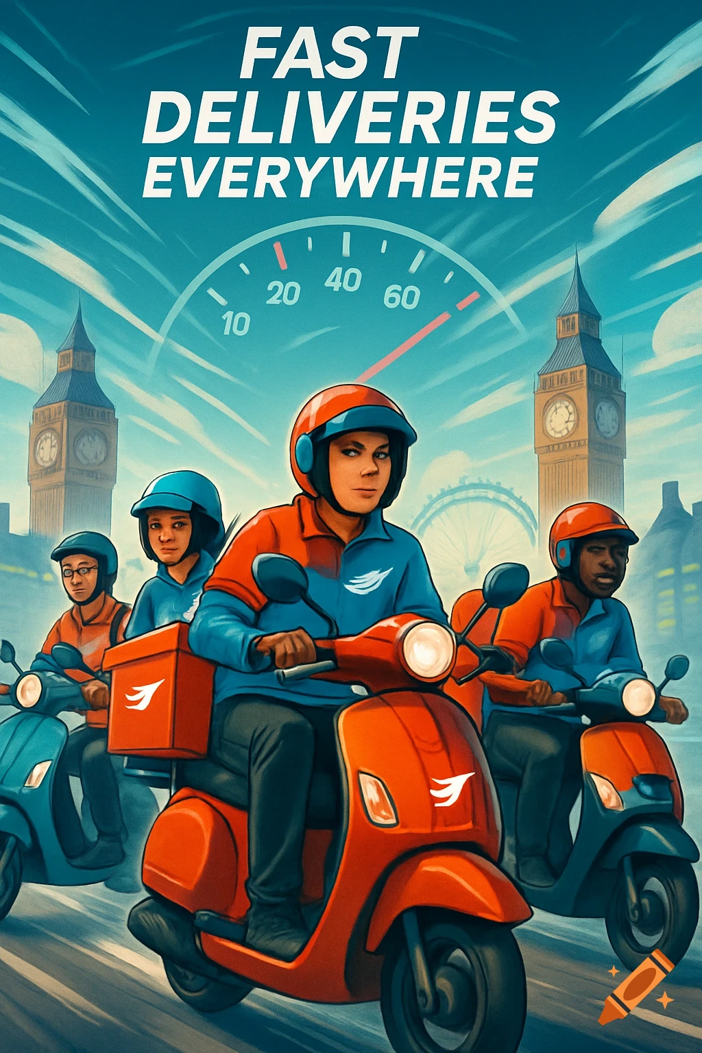 Stylized illustration of four delivery drivers on mopeds in London, with Big Ben and the London Eye. Text reads 'FAST DELIVERIES EVERYWHERE'.