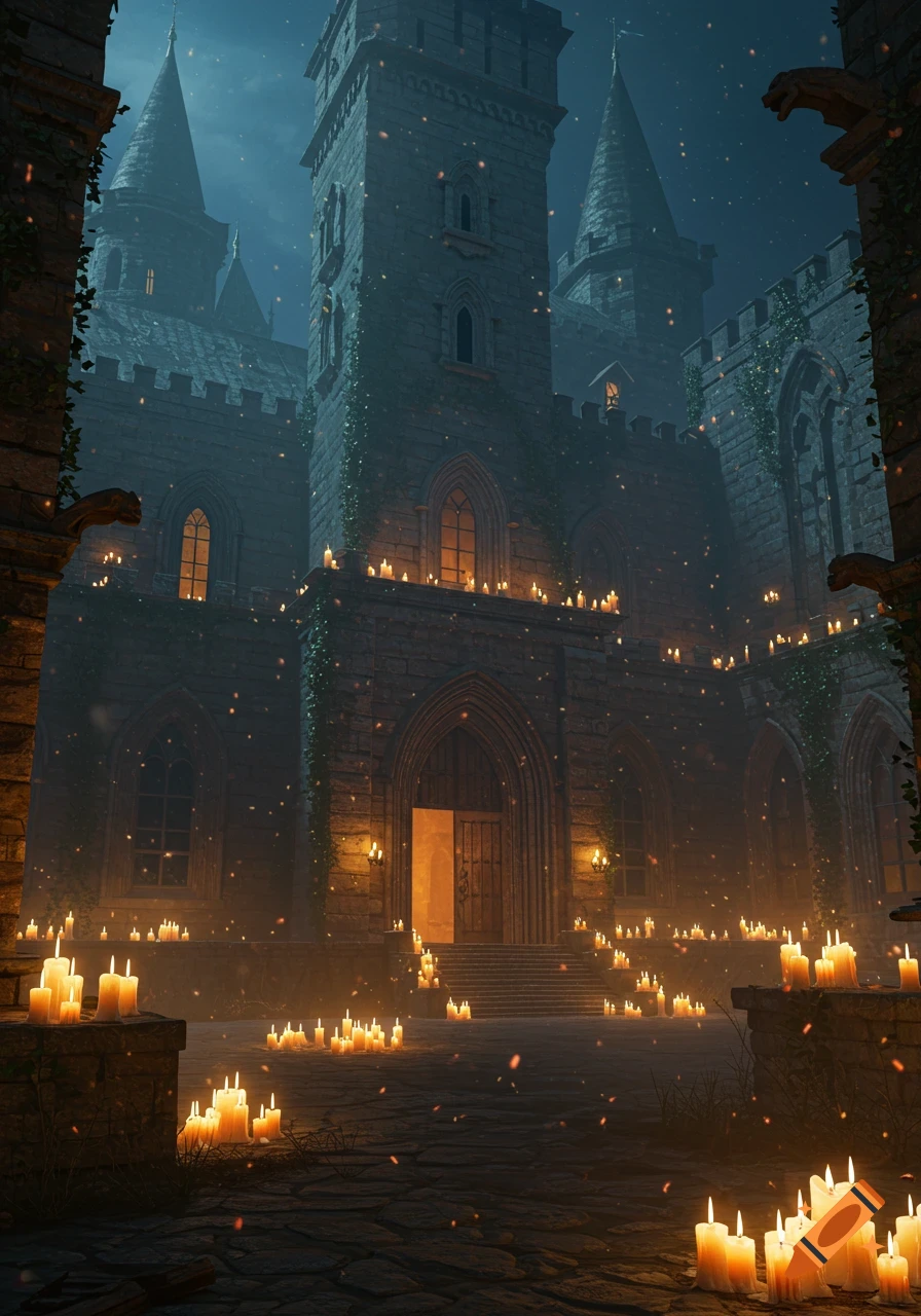 A gothic ancient castle illuminated by hundreds of flickering candles at night.