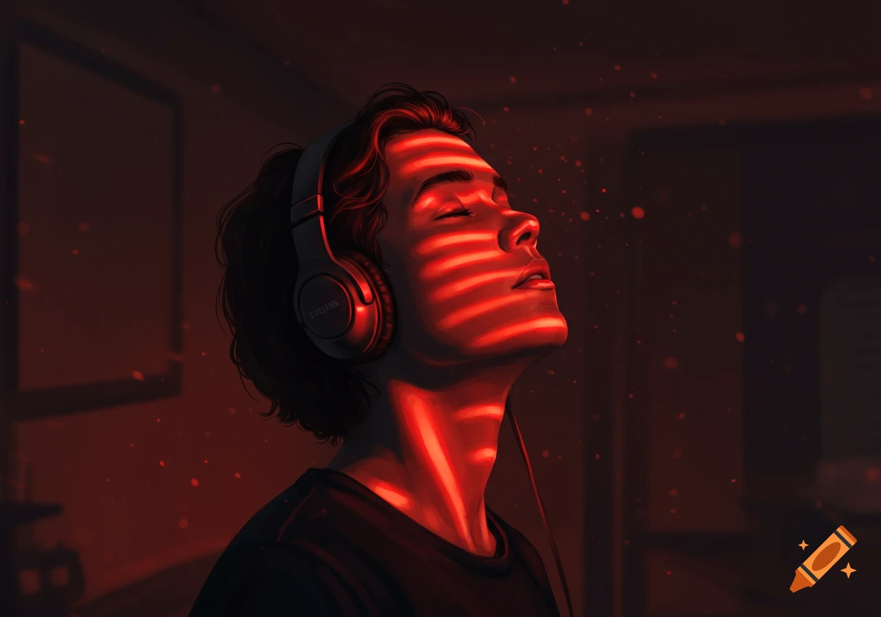 Digital art of a person with headphones, face illuminated by red light stripes, eyes closed.
