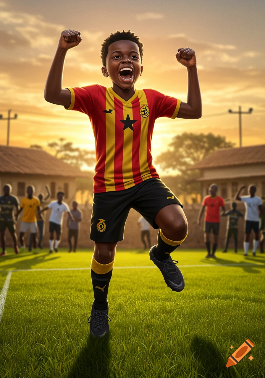 A young Black boy in a Ghanaian soccer uniform celebrates on a grassy field at sunset, fists raised and mouth open in excitement.