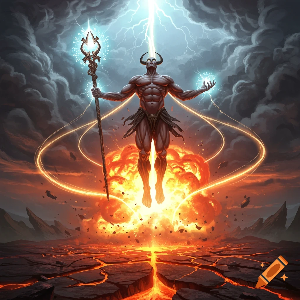 A muscular horned god hovers above fiery explosions and cracked ground, holding a glowing staff as lightning strikes from a stormy sky.