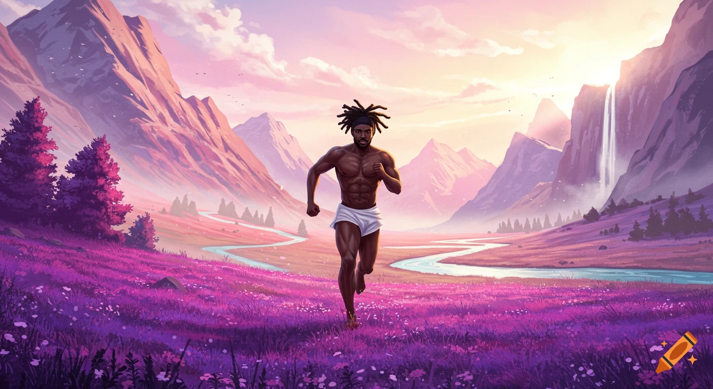 An illustrated Black man with dreadlocks runs through a purple meadow with a river, mountains, and a waterfall at sunrise.