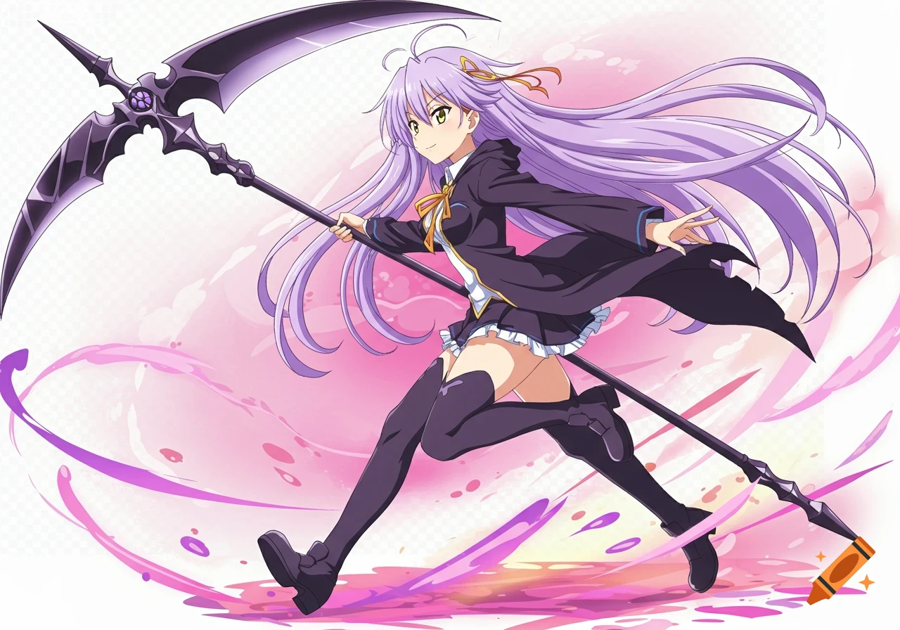 Anime girl with long lavender hair and golden eyes, in a black uniform, running while holding a large grim reaper scythe.