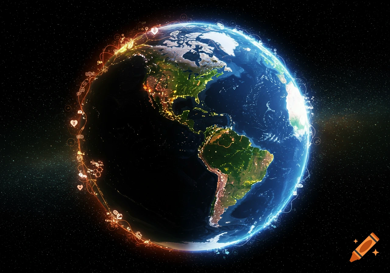 Stylized view of Earth from space at night, showing city lights and glowing orange and blue data pathways with small icons.