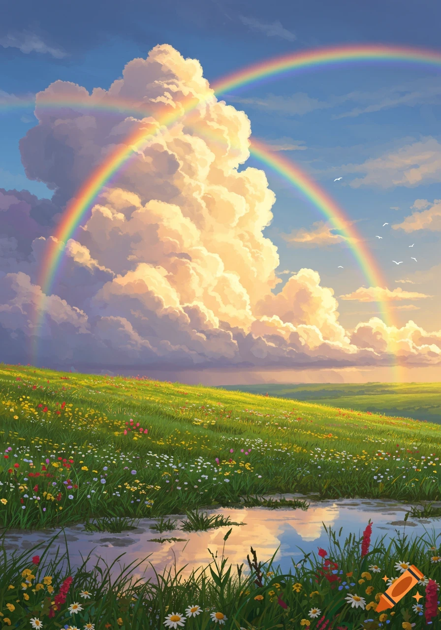 Vibrant illustrated landscape with a double rainbow arching over fluffy clouds, a green hill of wildflowers, and a small reflective pond.
