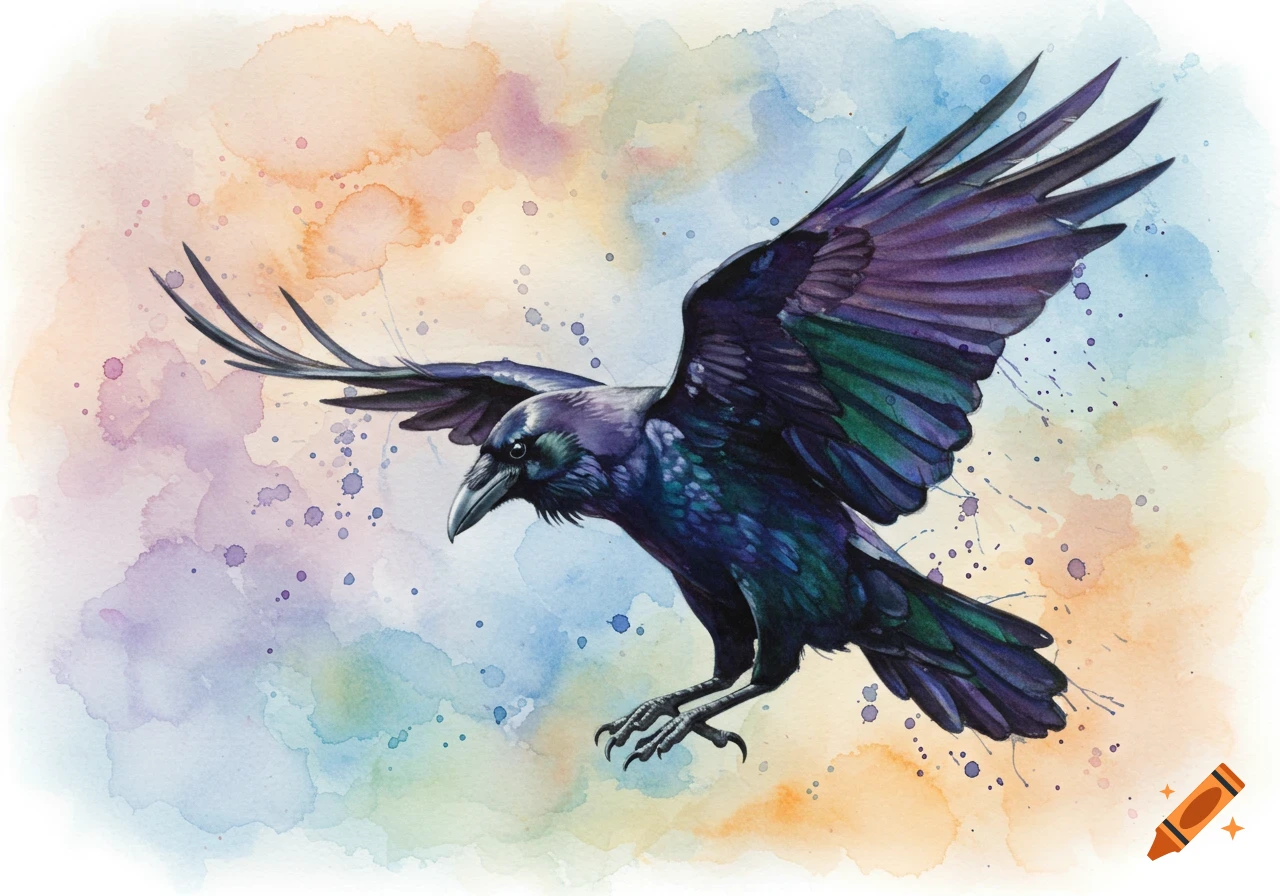 A watercolor raven swooping down with vibrant purple, green, and blue feathers against a colorful painted background.