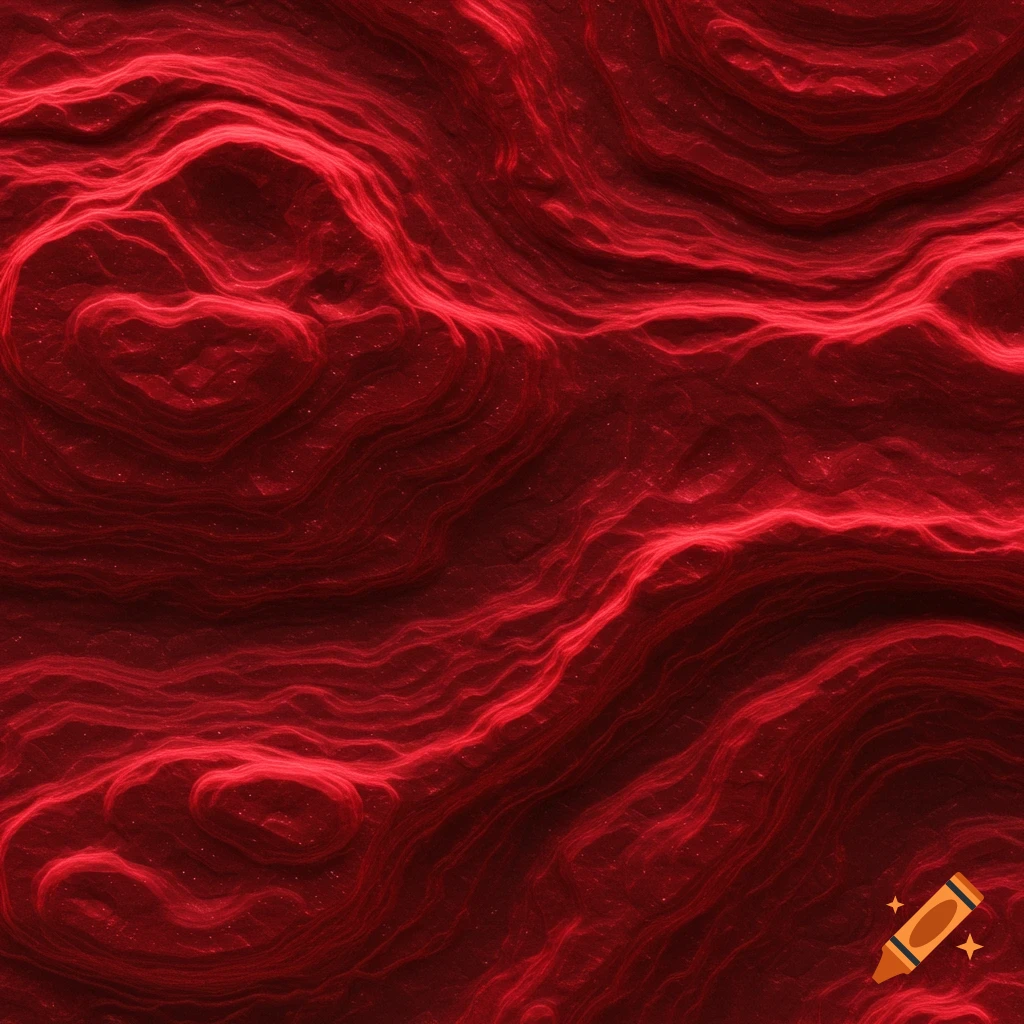 A vibrant red abstract texture with glowing, wavy patterns and subtle specks.