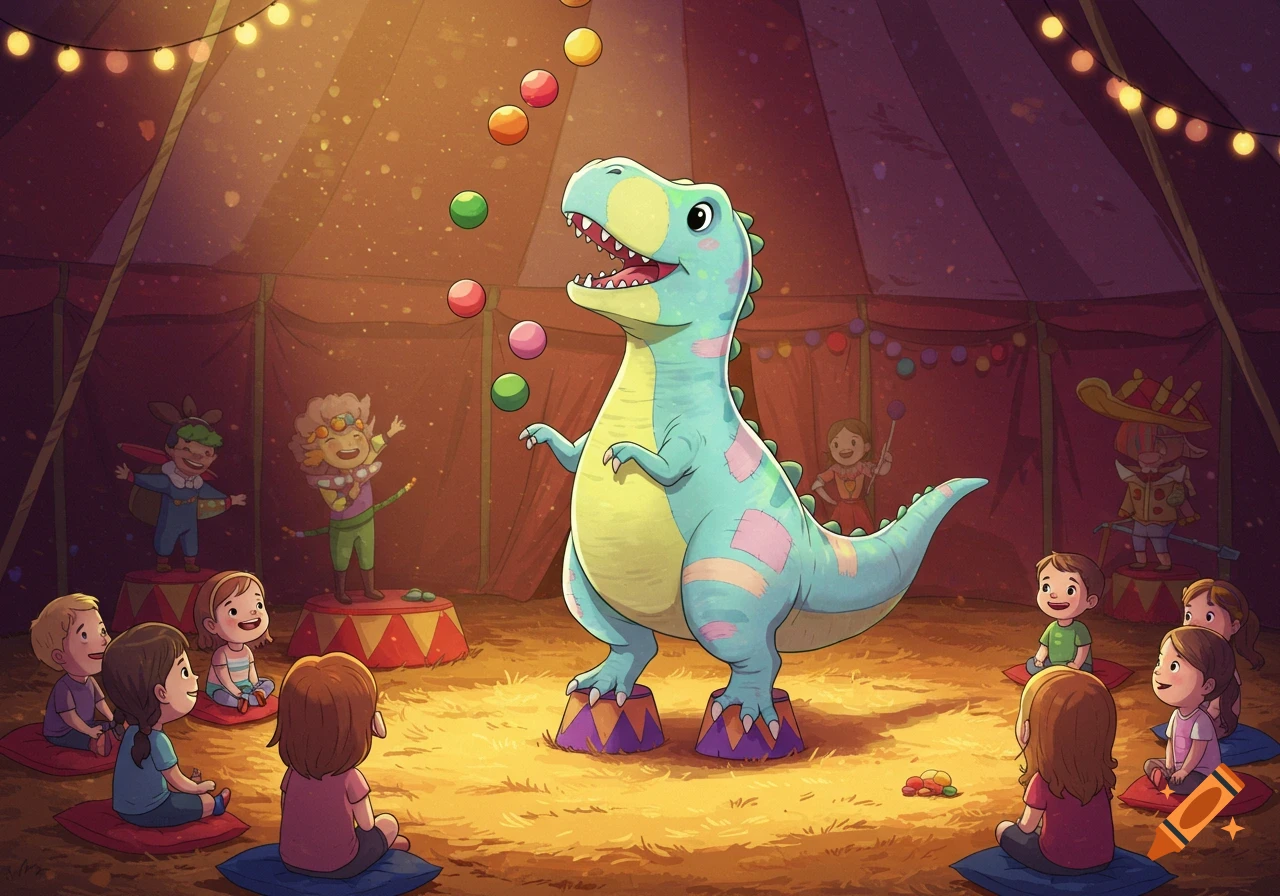 A cute, cartoon T-Rex juggles colorful balls inside a circus tent as children watch.