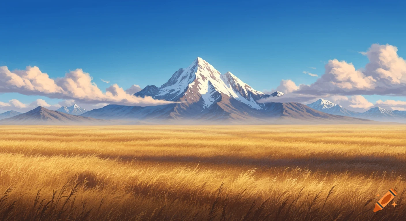 A wide, painterly landscape showing a vast golden field stretching towards large snow-capped mountains under a clear blue sky with fluffy clouds.