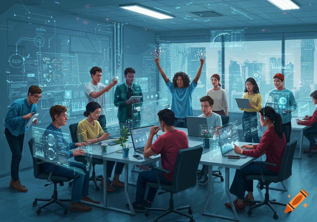 A diverse group of people work collaboratively in a modern office setting with many holographic screens and digital interfaces.