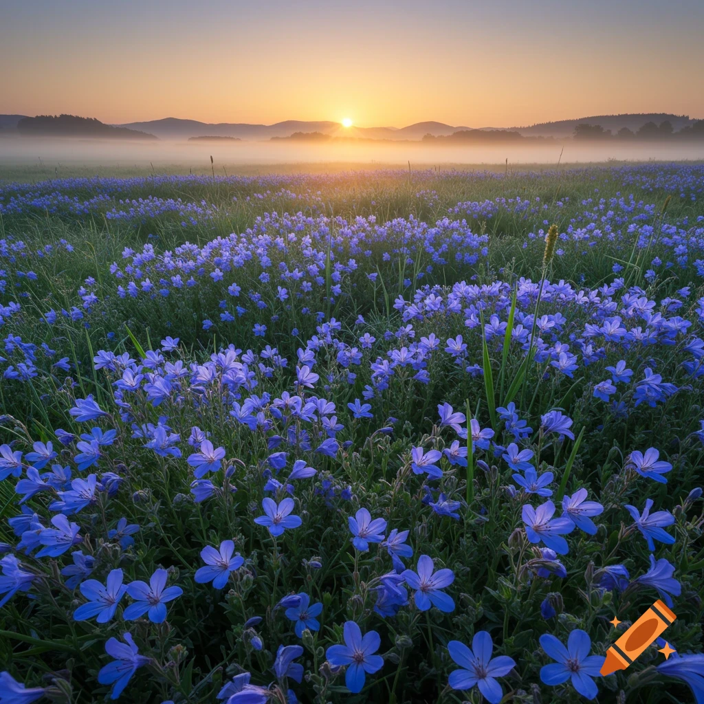 A field of vibrant blue flowers in bloom, bathed in the golden light of a sunrise over misty mountains.