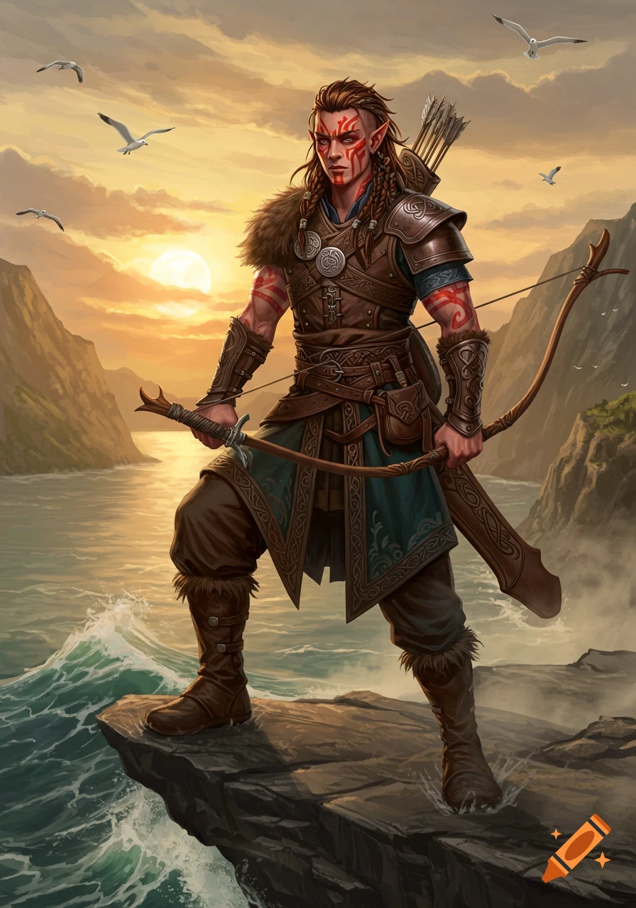 A male elf warrior with red tribal tattoos, braided brown hair, and leather armor stands on a cliff overlooking the sea at sunset, holding a bow and sword.