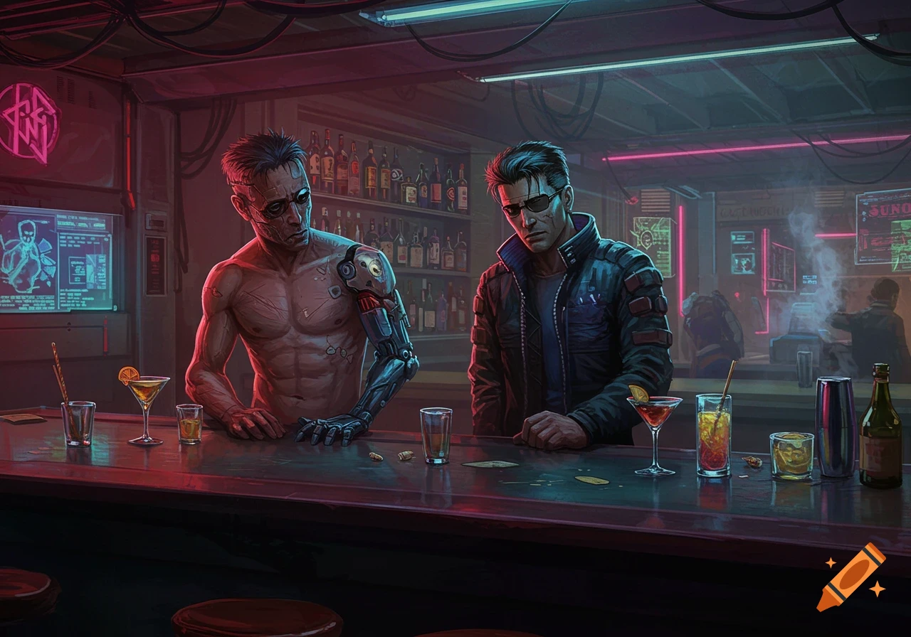 Two men, one with a cyborg arm, sit at a neon-lit bar in a cyberpunk setting.