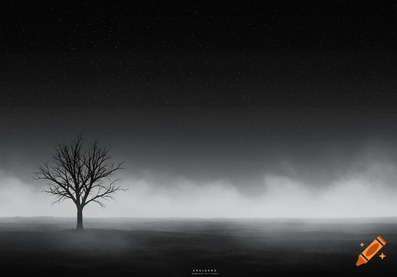 A solitary bare tree stands in a misty, dark landscape under a starry night sky, rendered in black and white.