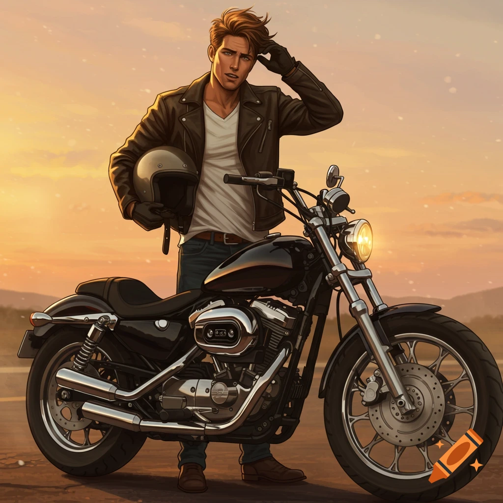 Illustrated man in a leather jacket standing next to a black motorcycle at sunset, holding a helmet.