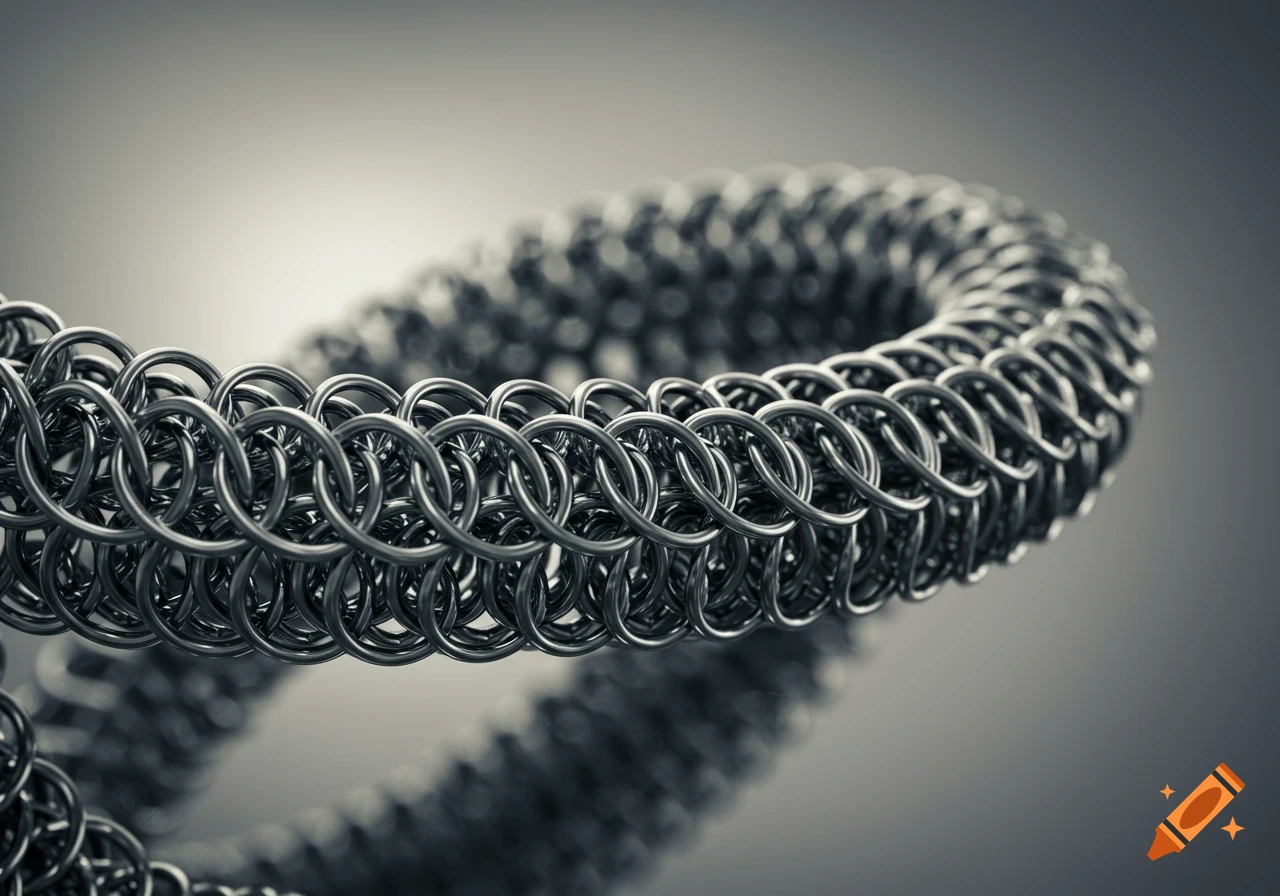 Close-up of shiny, interlocked metallic chainmail loops on a dark background.