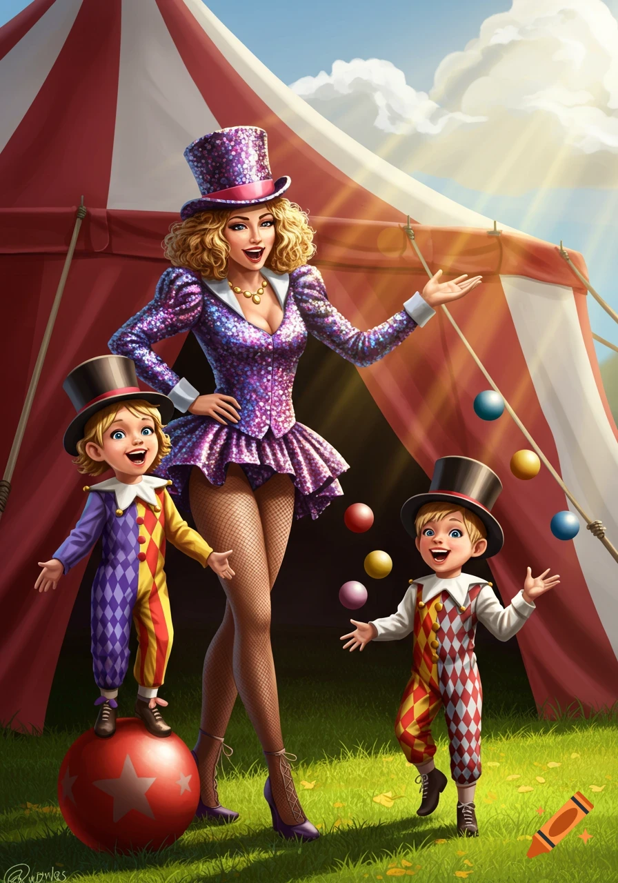 Vibrant illustration of a circus family: a mother and two children in front of a red and white tent, one balancing on a ball, the other juggling.