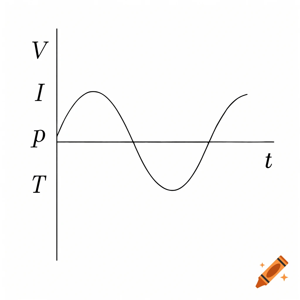Minimalist black and white graph showing a sine wave, with x-axis labeled 't' and y-axis labeled 'V, I, p, T'.