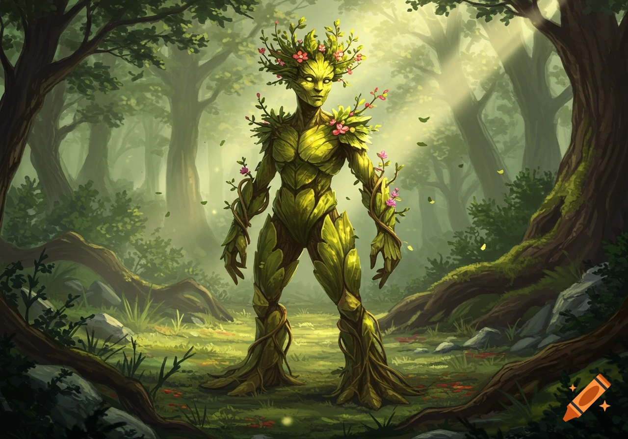 A detailed illustration of a humanoid plant creature with leaves and flowers, standing in a sunlit fantasy forest.