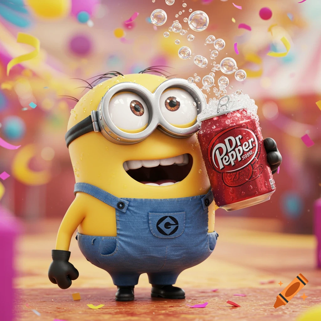 A happy Minion character in overalls holds a fizzing Dr. Pepper can amidst colorful confetti and bubbles.