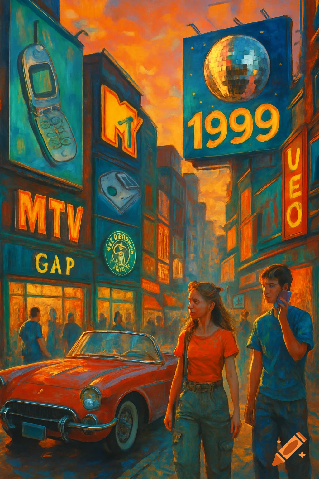 Vibrant painterly street scene with people, red convertible, and buildings displaying '1999', 'MTV', 'GAP' signs at sunset.
