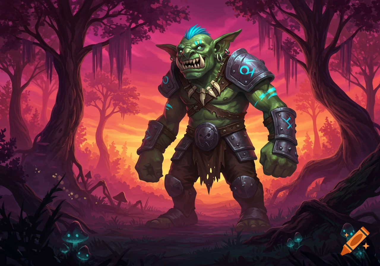 A muscular green goblin with a blue mohawk and glowing tribal tattoos, wearing armor, stands in a vibrant fantasy forest at sunset in a game art style.