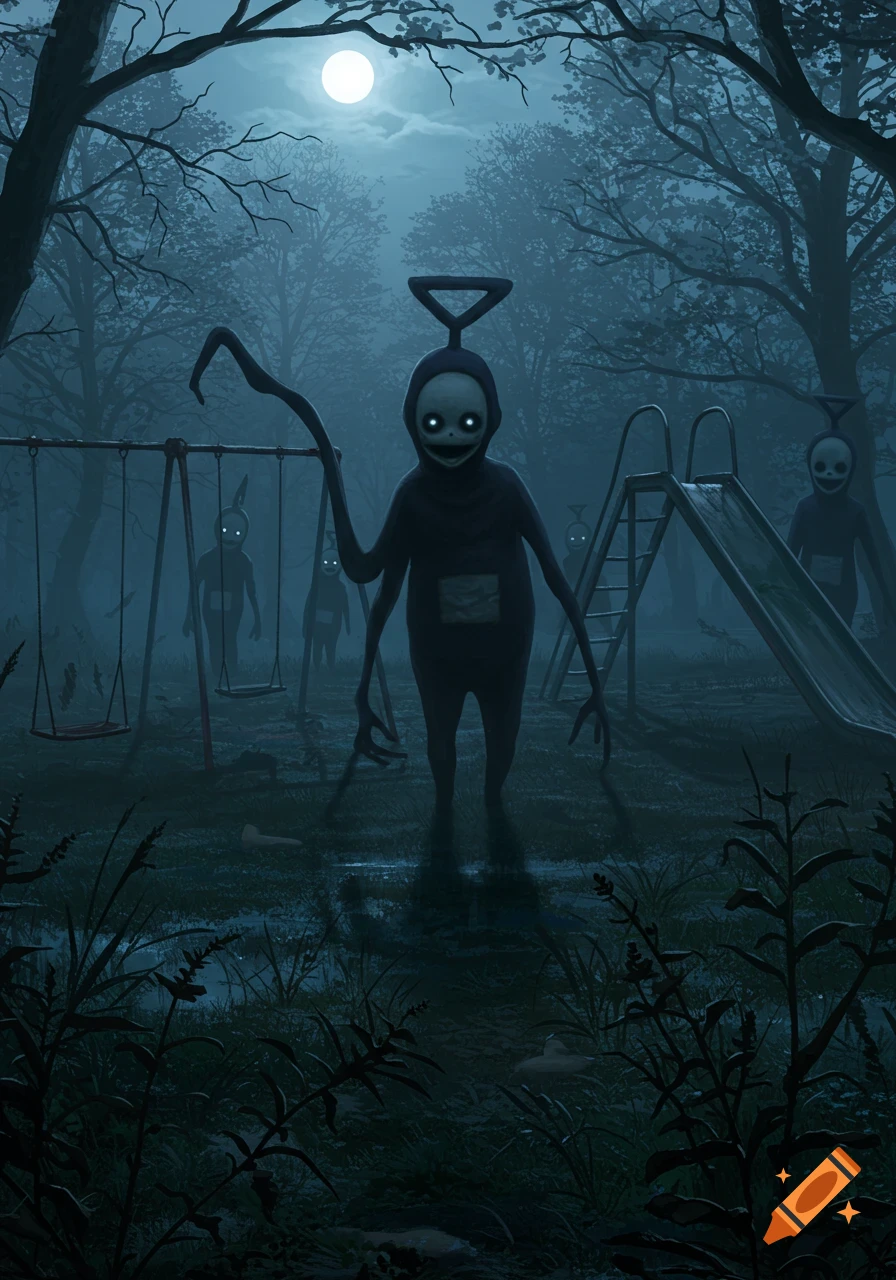 Creepy, gaunt Slendytubby-like creatures with glowing eyes in a dark, overgrown playground under a full moon.