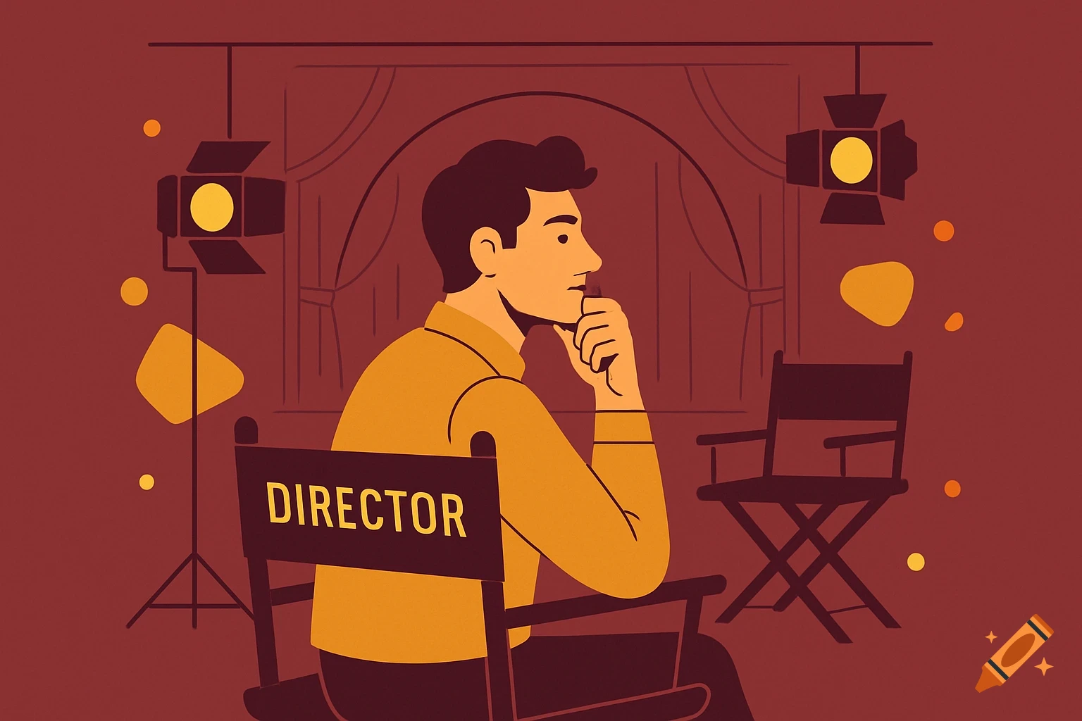 Flat illustration of a man sitting in a director's chair with 'DIRECTOR' on the back, facing stage lights and curtains.